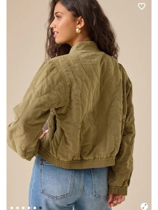 Altar'd State Olive Quilted Bomber with Brown Floral Appliqué - Picture 3 of 7